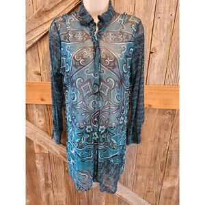 Chicos Travelers 0 ( 4 / 6 ) S semi Sheer button up tunic layering top whimsical